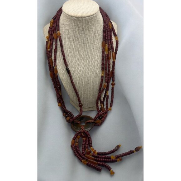 Handmade Beaded Necklace Multi-Strand Tassel Pendant Wood Tribal Boho Nature - Picture 1 of 8